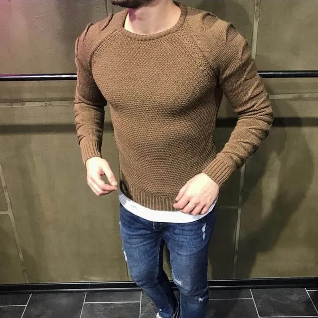 2019 Autumn Men's Pullover Casual Fitness Solid Sweater O-Neck Bodycon Long Sleeve Knitted Male Winter Jersey Hole on Shoulder