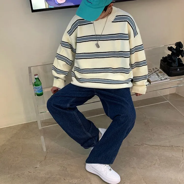 Aidase Striped Sweater Men Round Neck Winter Pullover Sweater Korean Fashion Harajuku Loose Wild Long Sleeve Sweater Oversize