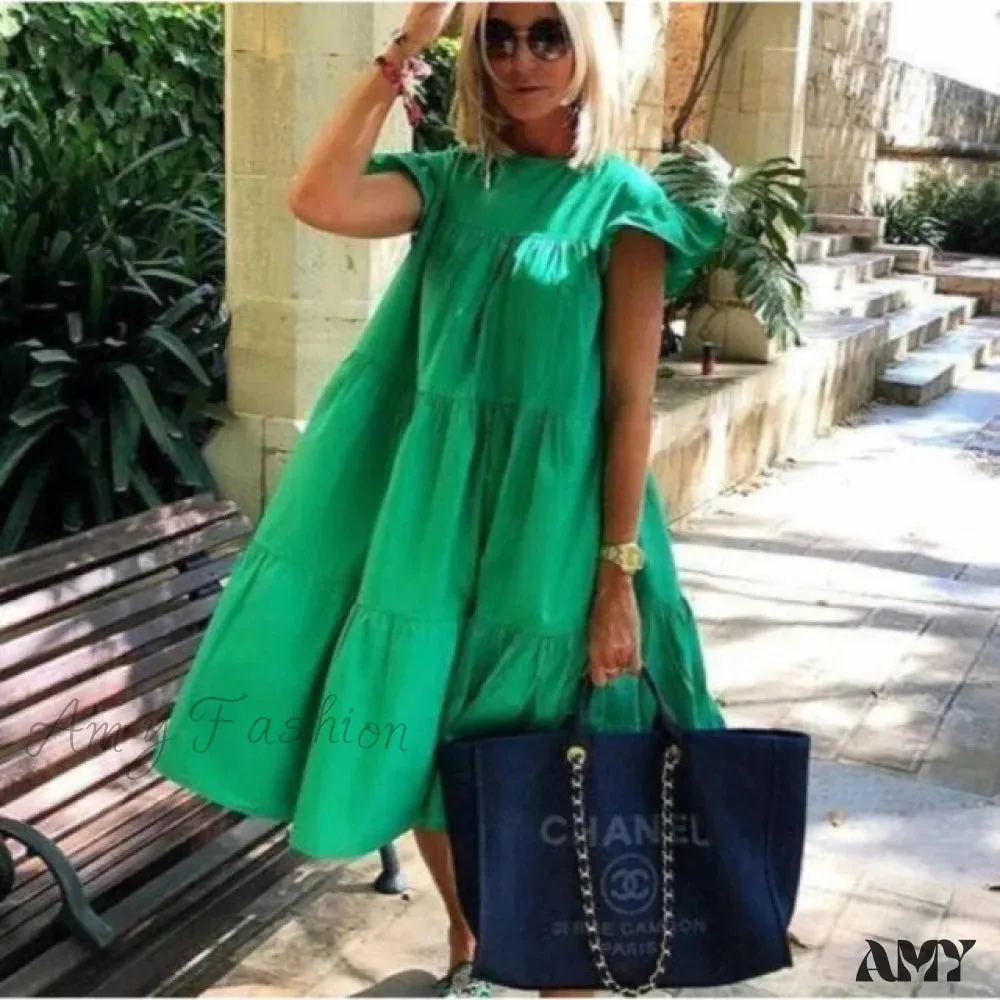 Amy Fashion - Solid Color Short Sleeve Loose Chic Pleated Dress