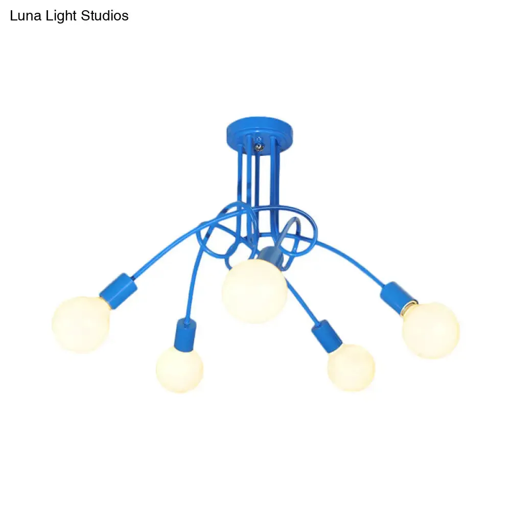 Contemporary Curved Arm Metal Semi Flush Ceiling Lamp - Blue/Red (3/5 Lights)