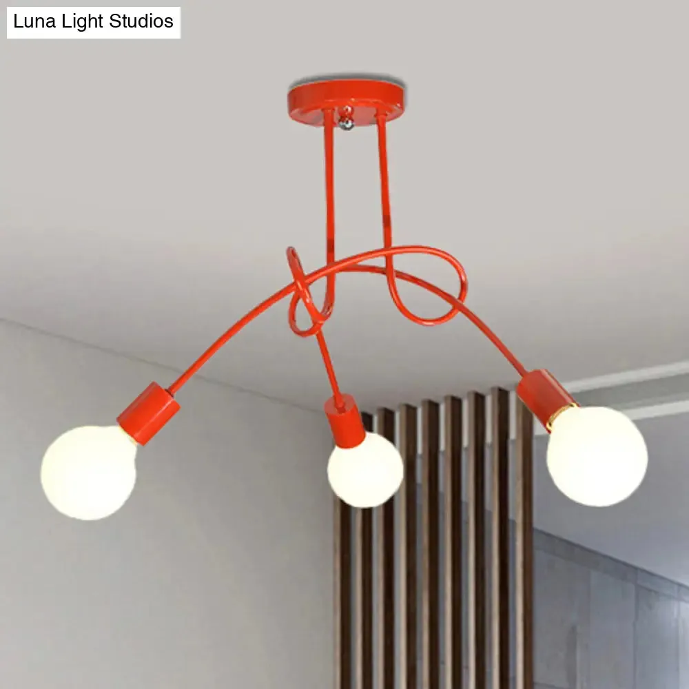 Contemporary Curved Arm Metal Semi Flush Ceiling Lamp - Blue/Red (3/5 Lights)