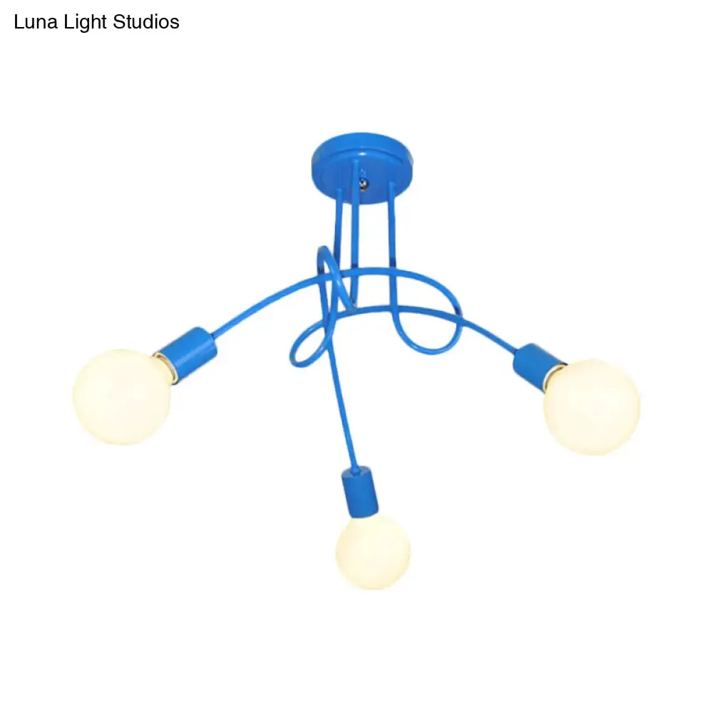Contemporary Curved Arm Metal Semi Flush Ceiling Lamp - Blue/Red (3/5 Lights)