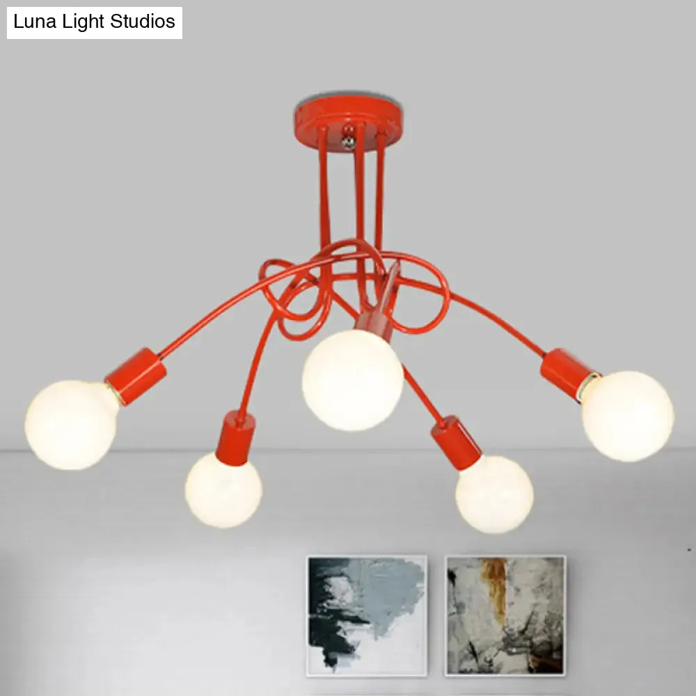 Contemporary Curved Arm Metal Semi Flush Ceiling Lamp - Blue/Red (3/5 Lights)