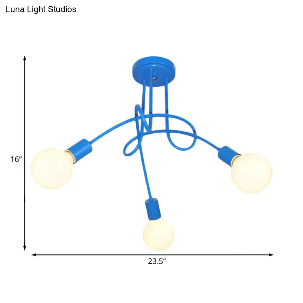 Contemporary Curved Arm Metal Semi Flush Ceiling Lamp - Blue/Red (3/5 Lights)