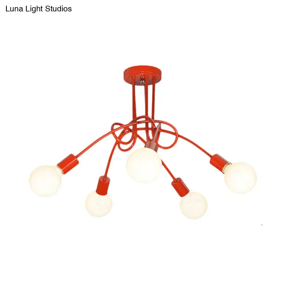 Contemporary Curved Arm Metal Semi Flush Ceiling Lamp - Blue/Red (3/5 Lights)