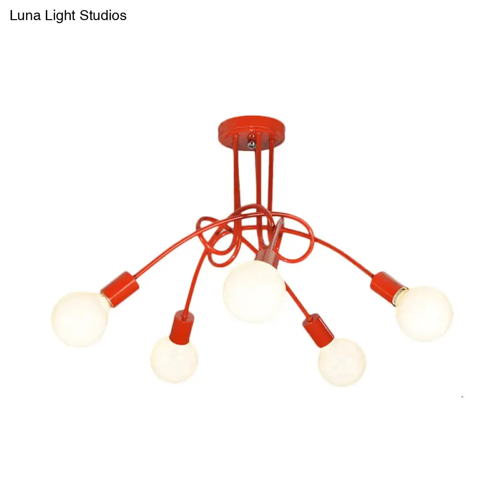 Contemporary Curved Arm Metal Semi Flush Ceiling Lamp - Blue/Red (3/5 Lights)