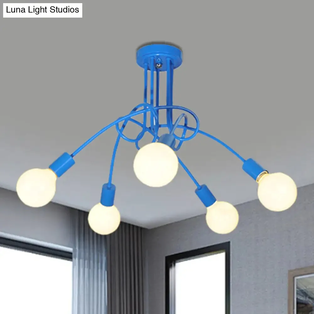 Contemporary Curved Arm Metal Semi Flush Ceiling Lamp - Blue/Red (3/5 Lights)