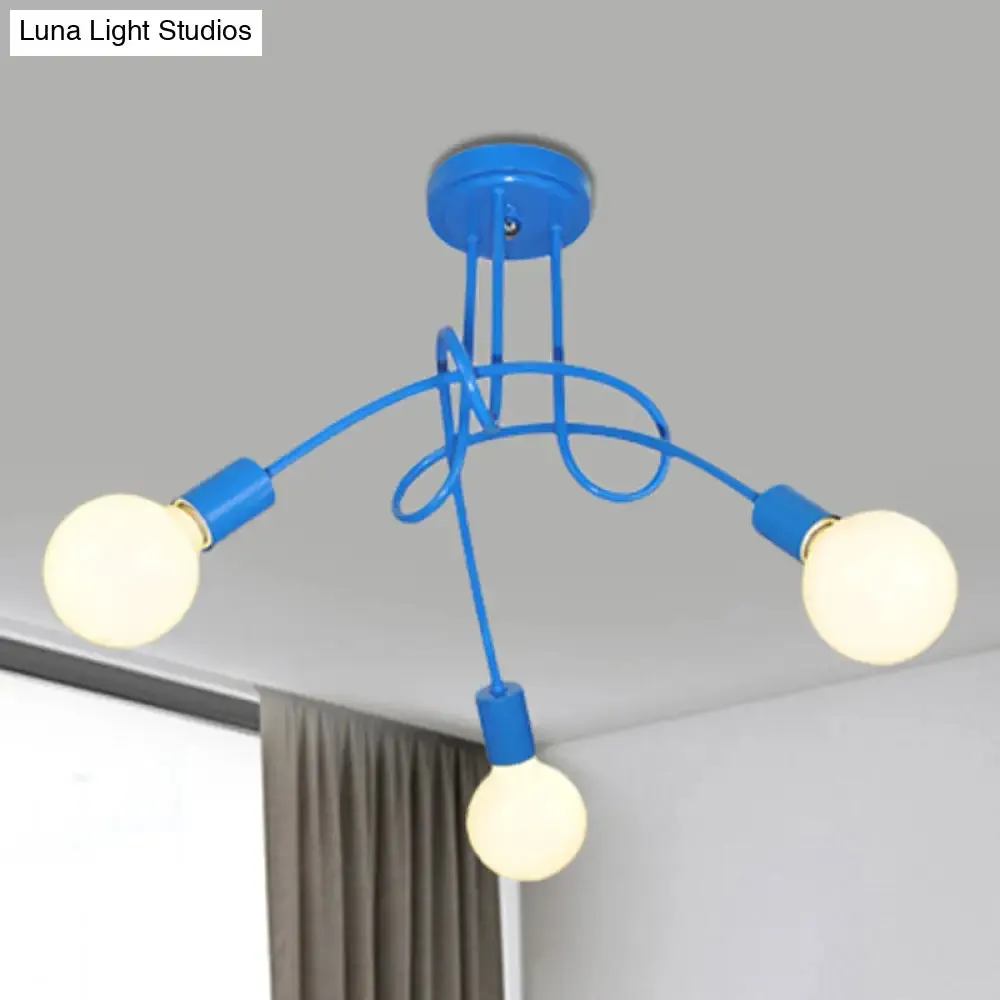 Contemporary Curved Arm Metal Semi Flush Ceiling Lamp - Blue/Red (3/5 Lights)