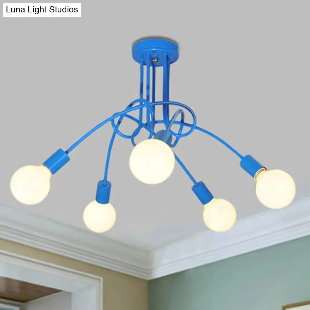 Contemporary Curved Arm Metal Semi Flush Ceiling Lamp - Blue/Red (3/5 Lights)