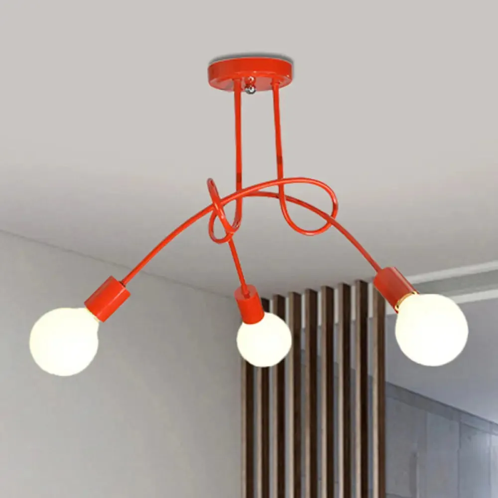 Contemporary Curved Arm Metal Semi Flush Ceiling Lamp - Blue/Red (3/5 Lights)