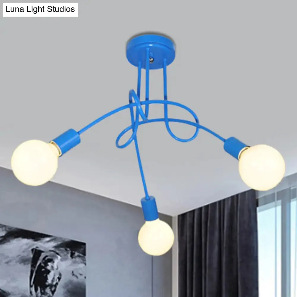 Contemporary Curved Arm Metal Semi Flush Ceiling Lamp - Blue/Red (3/5 Lights)
