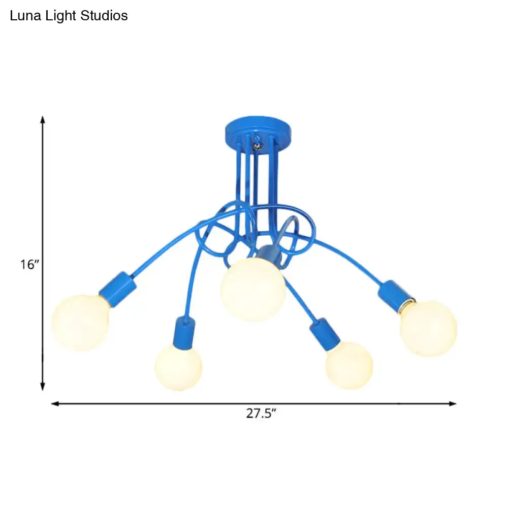 Contemporary Curved Arm Metal Semi Flush Ceiling Lamp - Blue/Red (3/5 Lights)