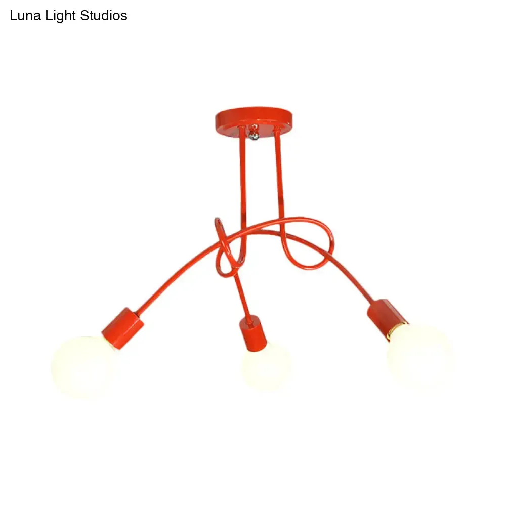 Contemporary Curved Arm Metal Semi Flush Ceiling Lamp - Blue/Red (3/5 Lights)