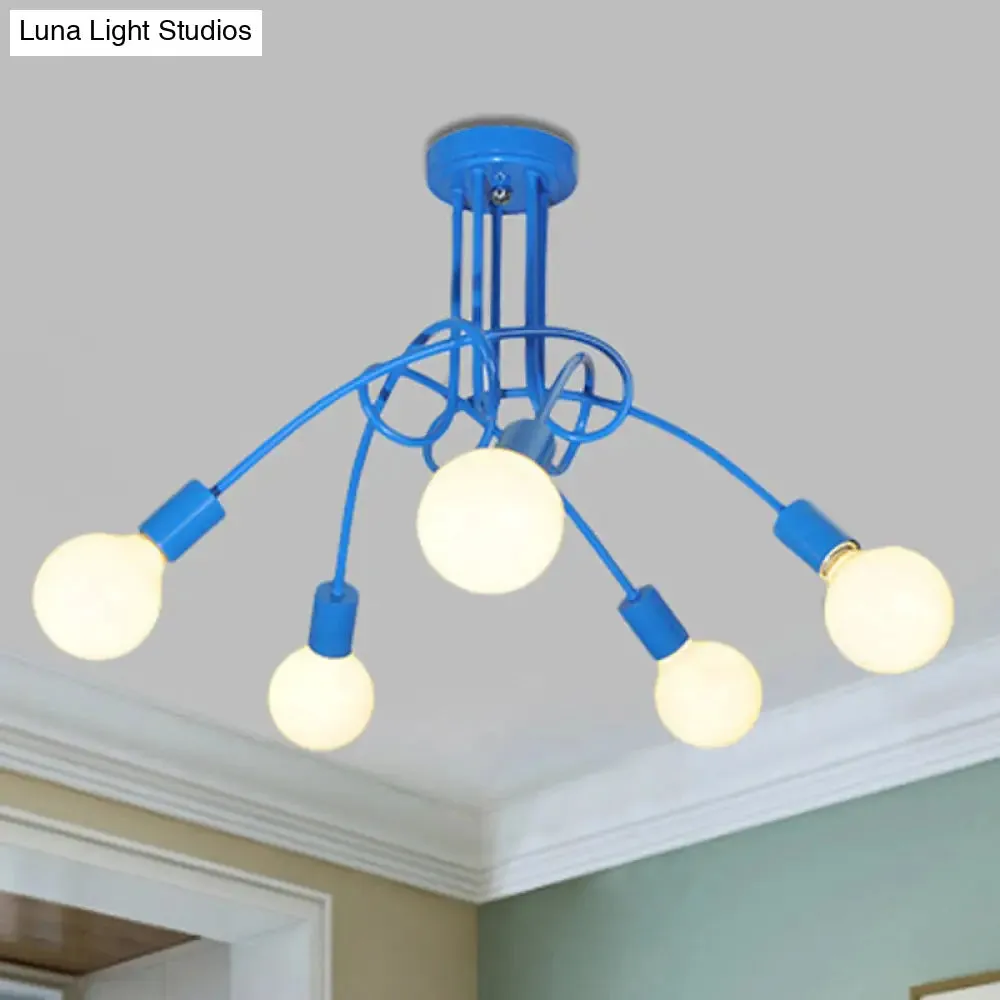 Contemporary Curved Arm Metal Semi Flush Ceiling Lamp - Blue/Red (3/5 Lights)