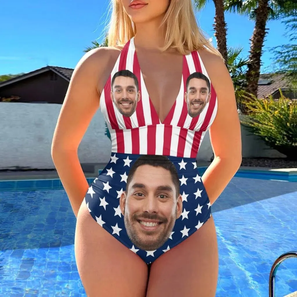 Custom Face American Flag Women's Halter Neck Tie One Piece Swimsuit Sexy Backless Wide Straps V Neck