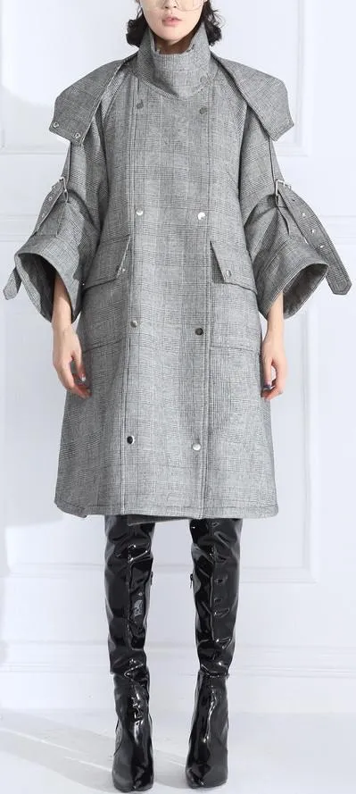 Double-Breasted Plaid Wool Buckled-Sleeve Coat