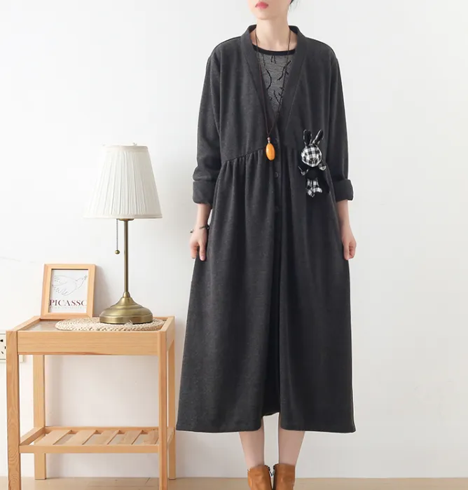 Gray V Neck Corduroy Buttons Dresses Loose Winter Autumn Dresses Casual Women Dresses ZRL97213