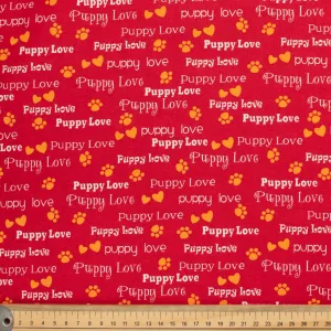 Happy Animal Collection Puppy Love Script & Dog Paws on Red Cotton Prints
