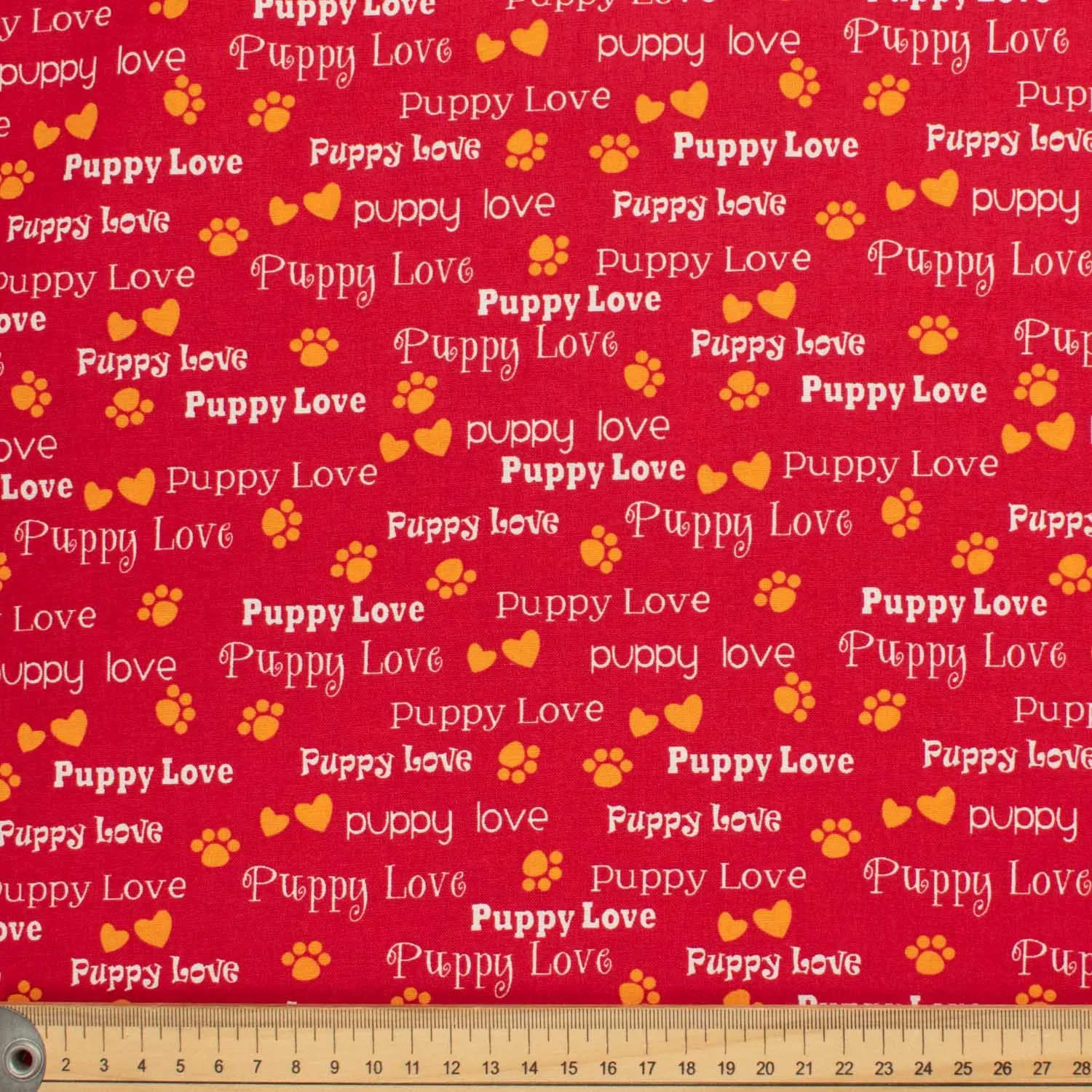 Happy Animal Collection Puppy Love Script & Dog Paws on Red Cotton Prints