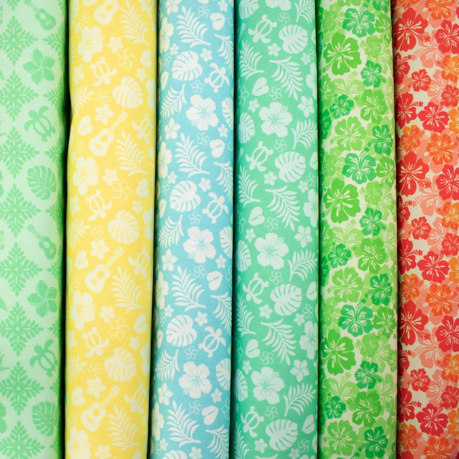 Hawaii Style Collection #10 Flower, Leaves, Sea Turtle & Guitar on Blue Cotton Prints