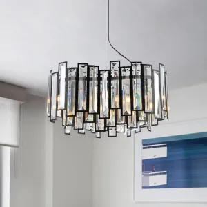 Modernist Geometric Dining Room Hanging Lamp Kit with Clear Crystal Prism, Black LED Chandelier - 6 Heads