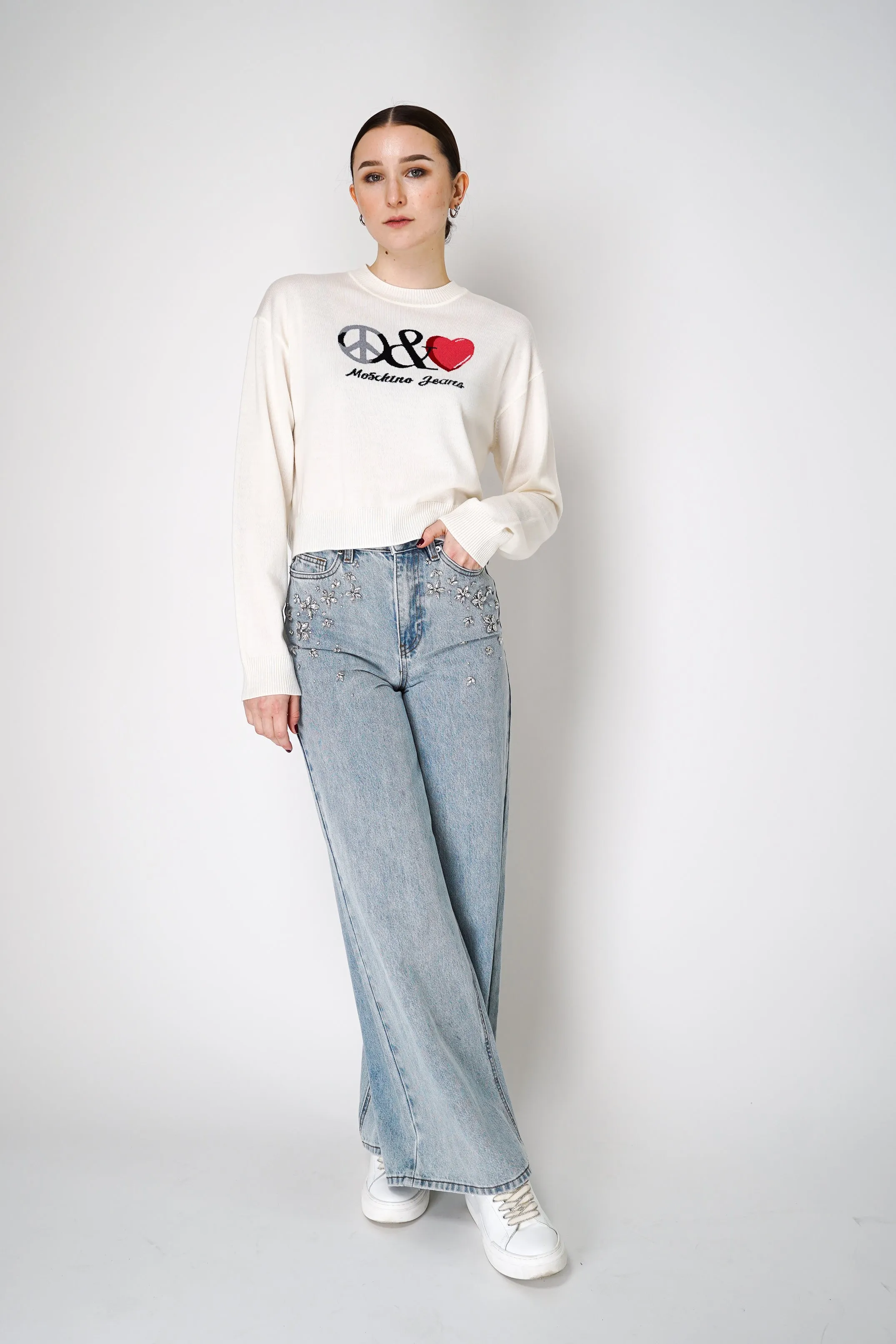 Moschino Jeans Peace-and-Love Knitted Virgin Wool Pullover Sweater in White