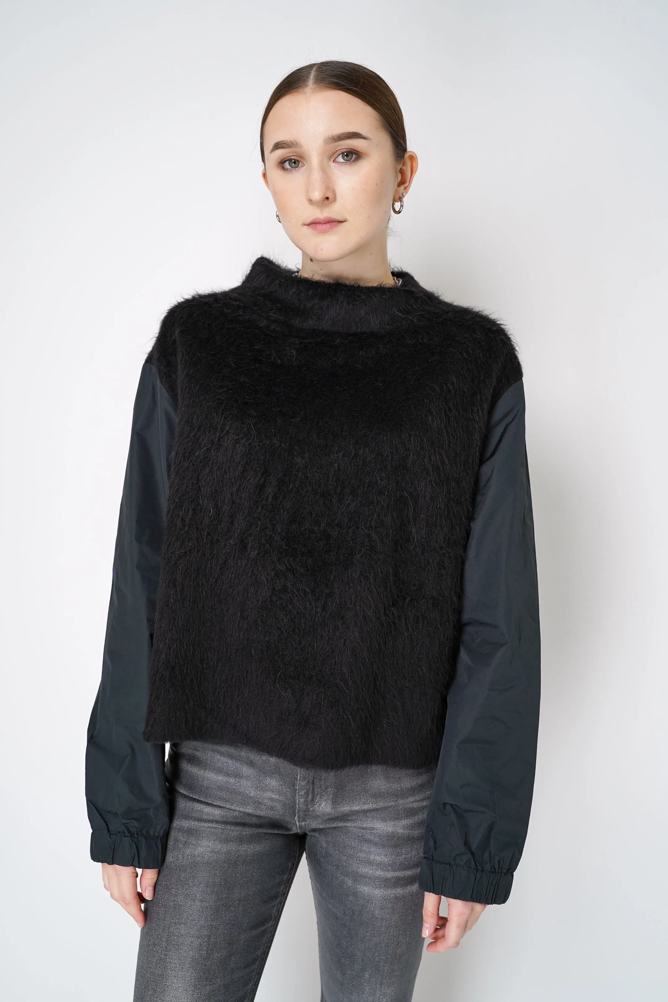 Peter O. Mahler High Neck Alpaca Pullover with Taffeta Sleeves in Black
