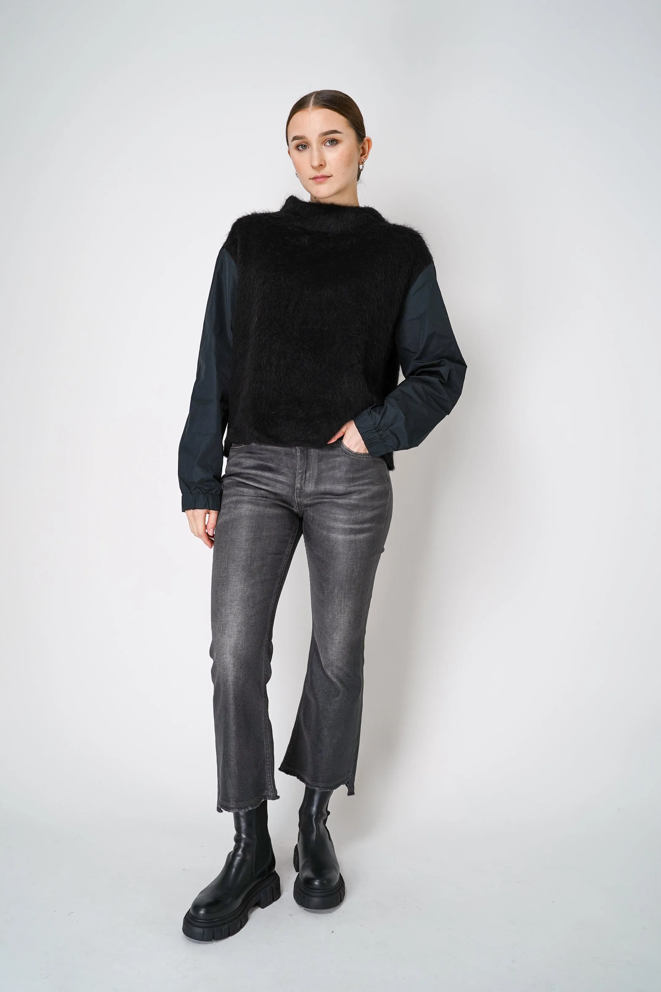 Peter O. Mahler High Neck Alpaca Pullover with Taffeta Sleeves in Black