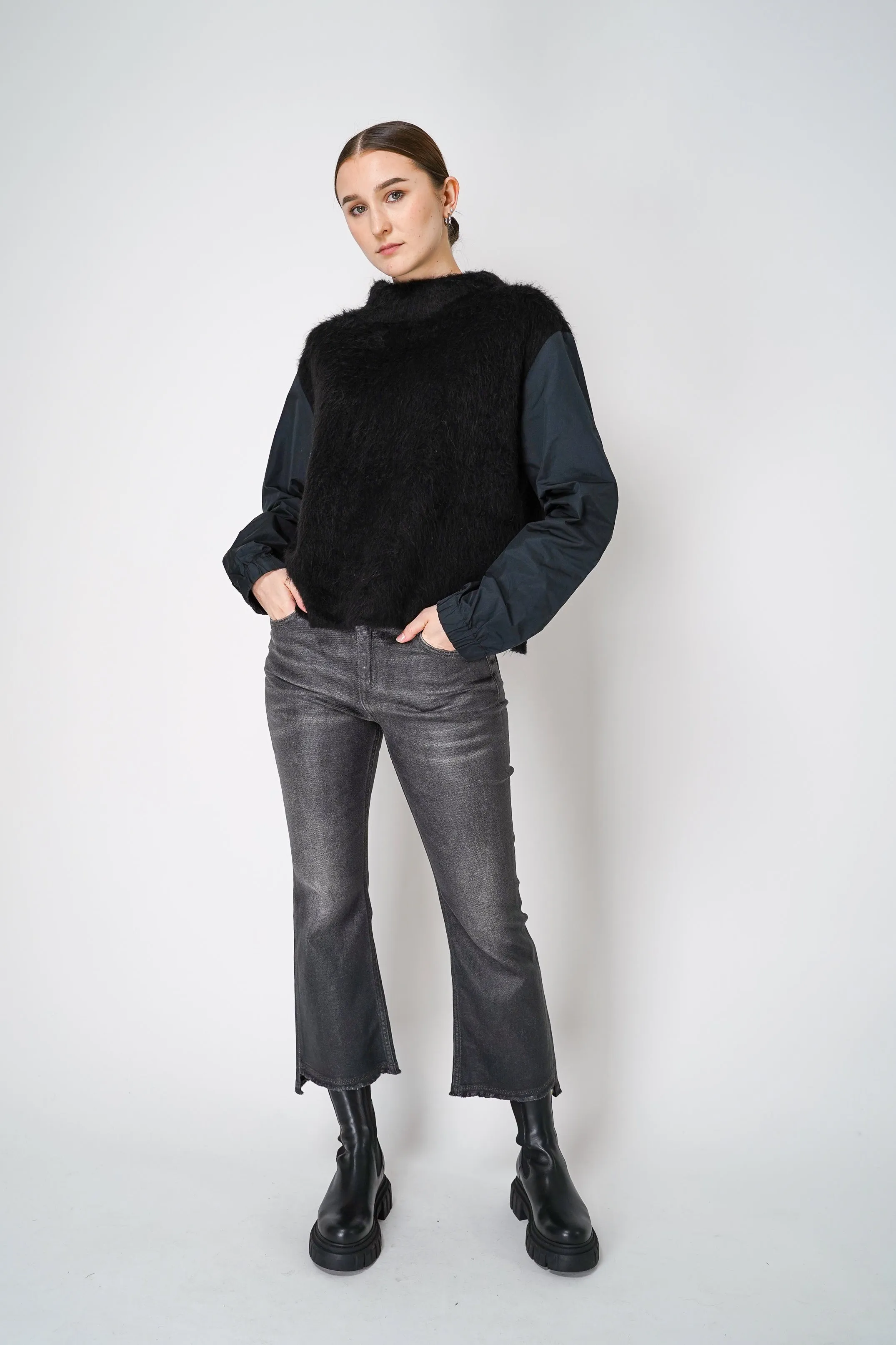 Peter O. Mahler High Neck Alpaca Pullover with Taffeta Sleeves in Black