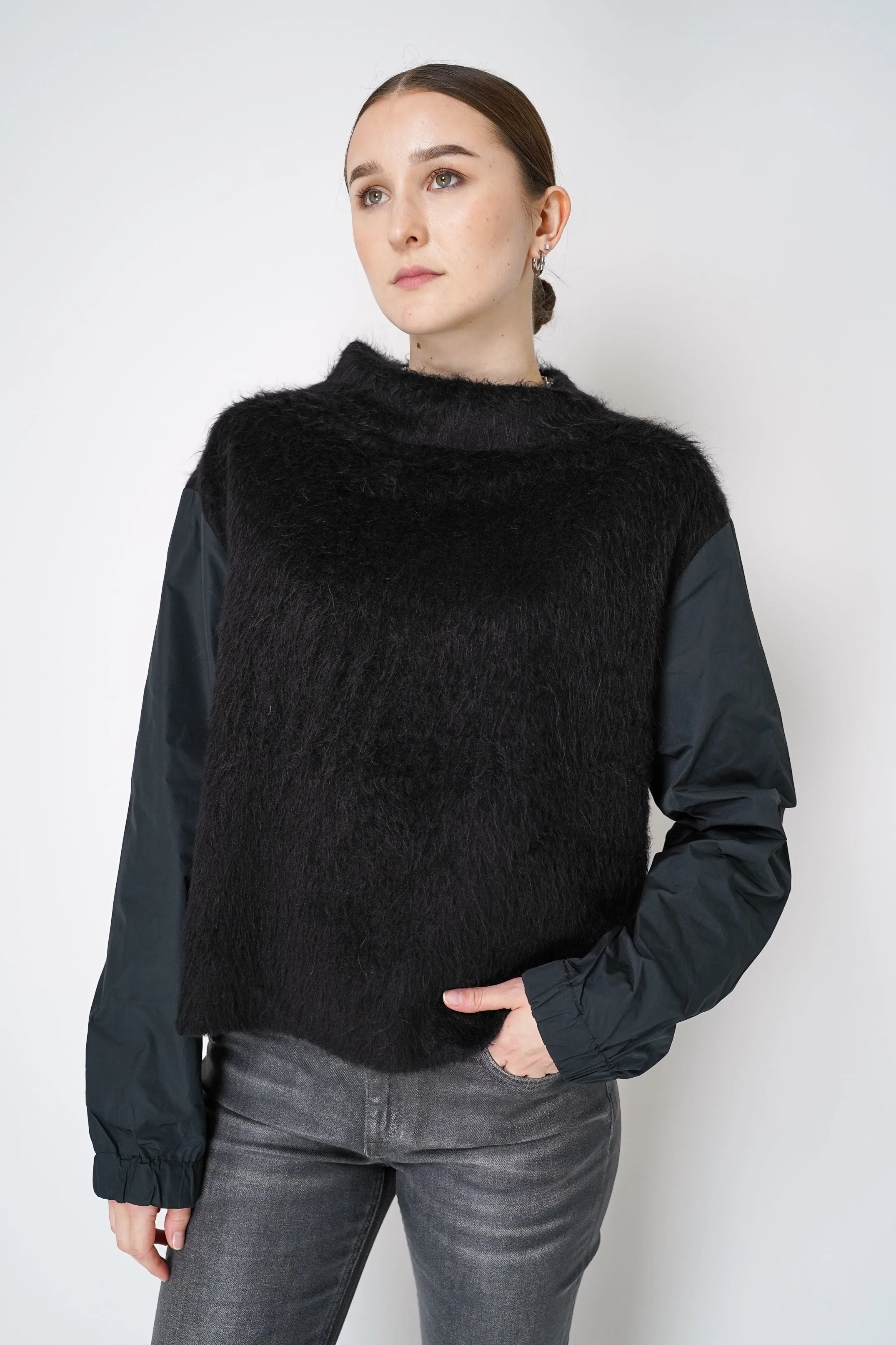 Peter O. Mahler High Neck Alpaca Pullover with Taffeta Sleeves in Black