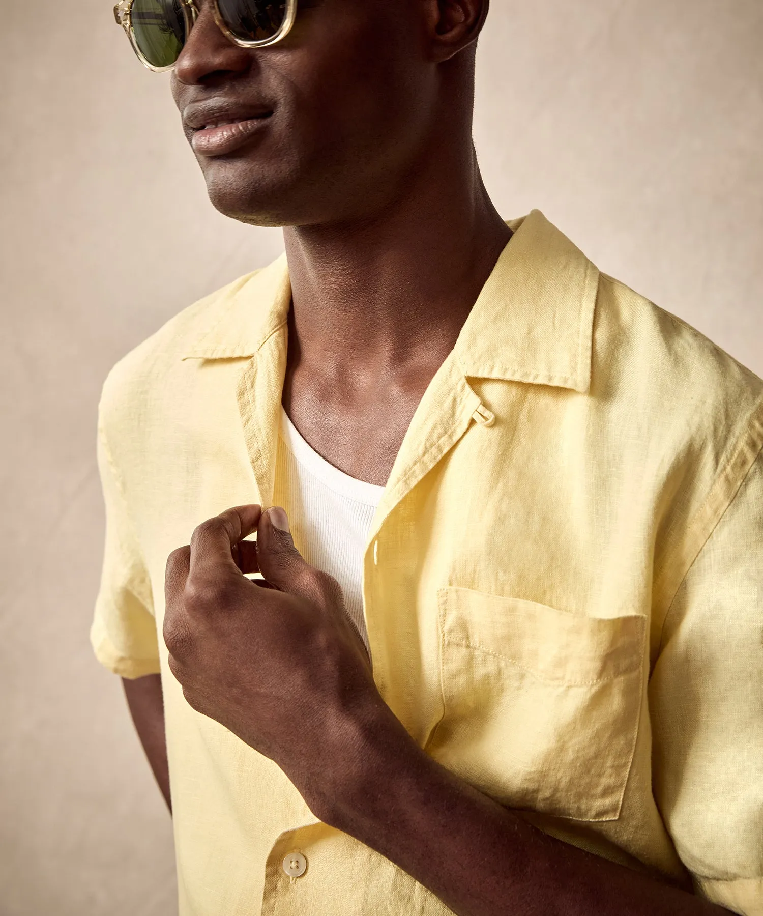 Sea Soft Irish Linen Camp Collar Shirt in Lemon