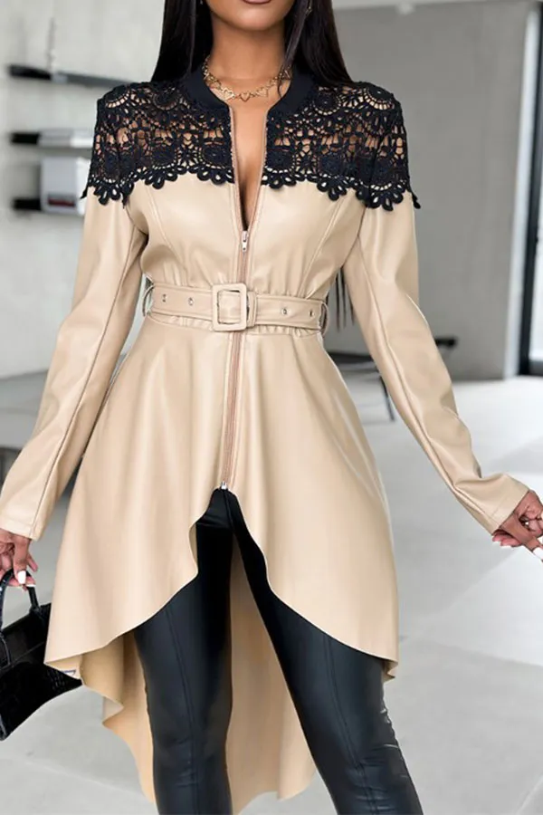 xiangtuibao Hit Color Lace Patchwork Unusual Belted High Low PU Coat