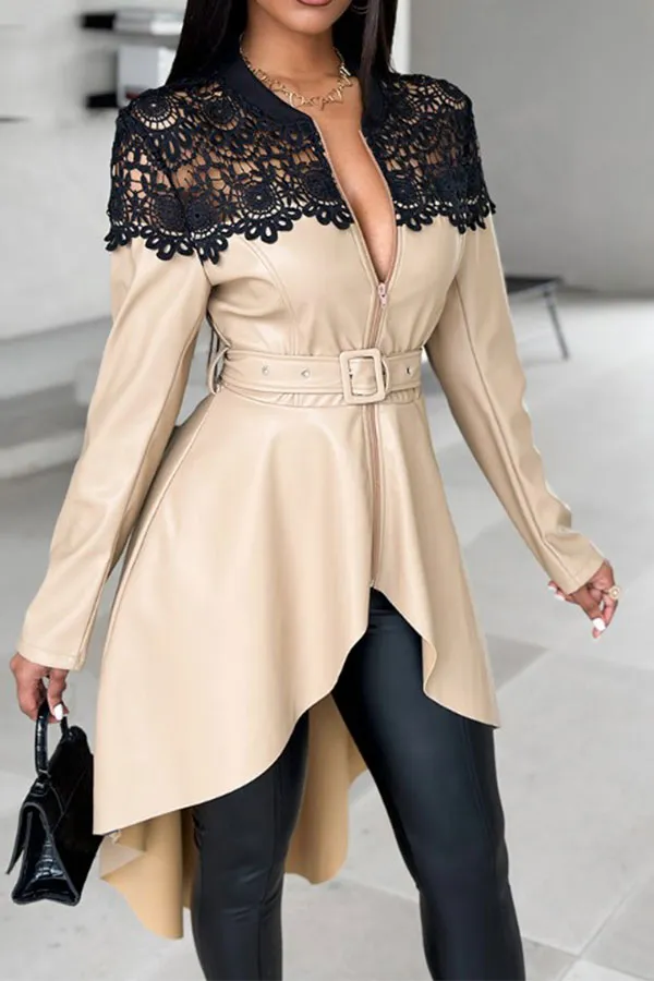 xiangtuibao Hit Color Lace Patchwork Unusual Belted High Low PU Coat